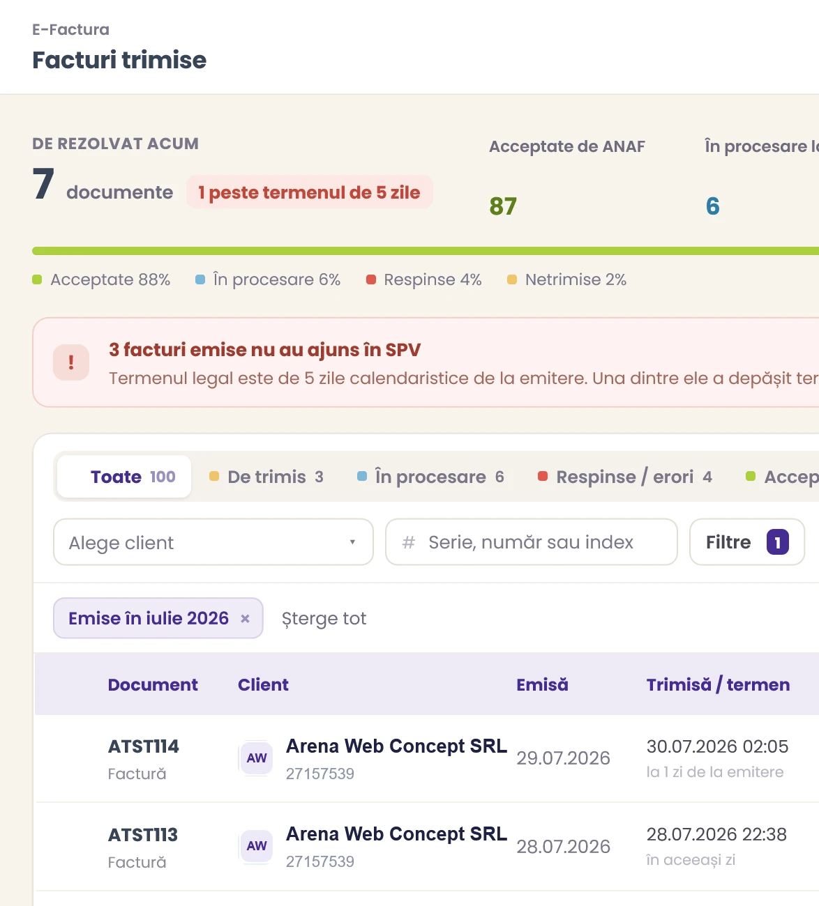 Facturi trimise prin e-Factura, cu status
