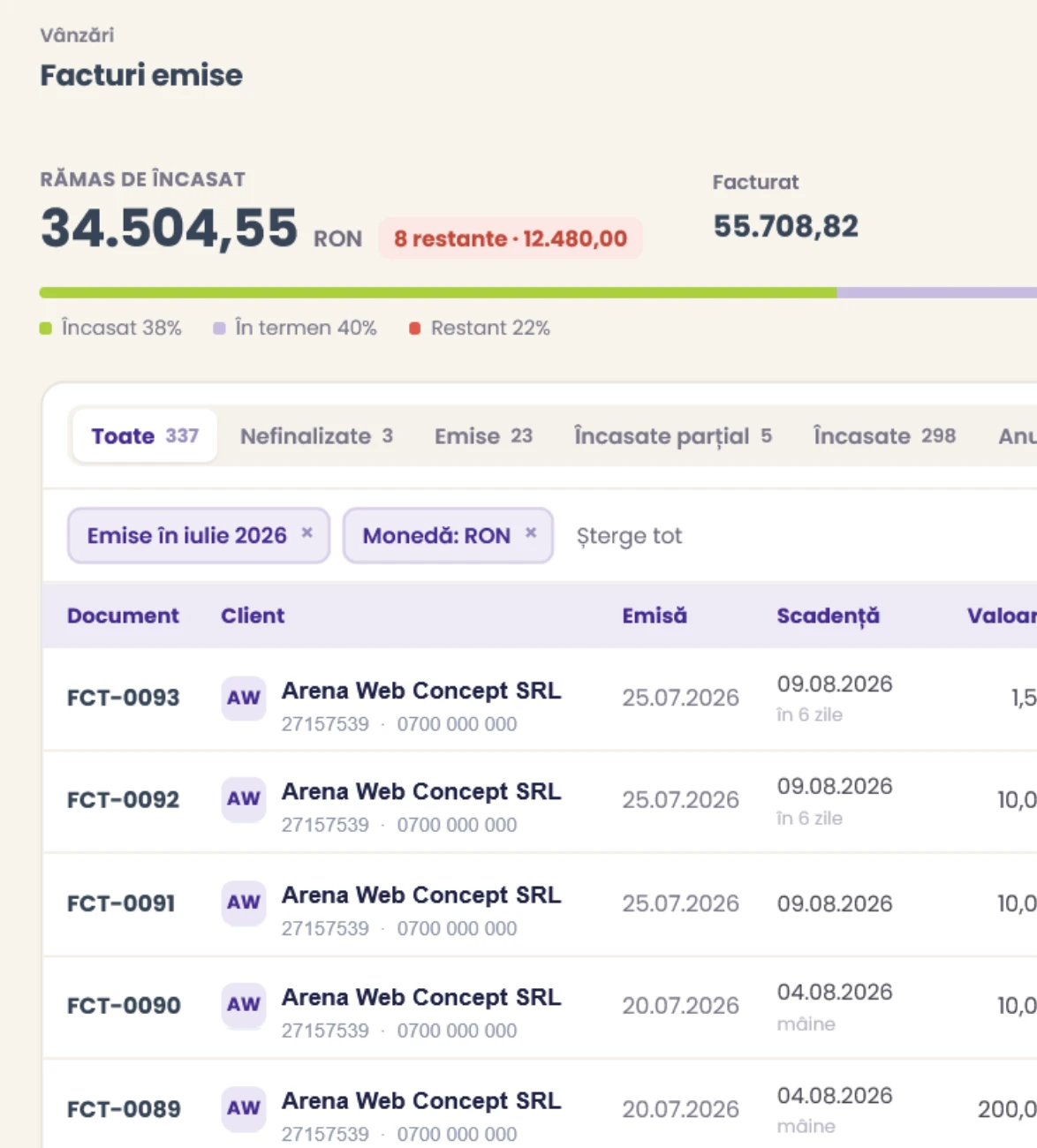 Lista de facturi emise
